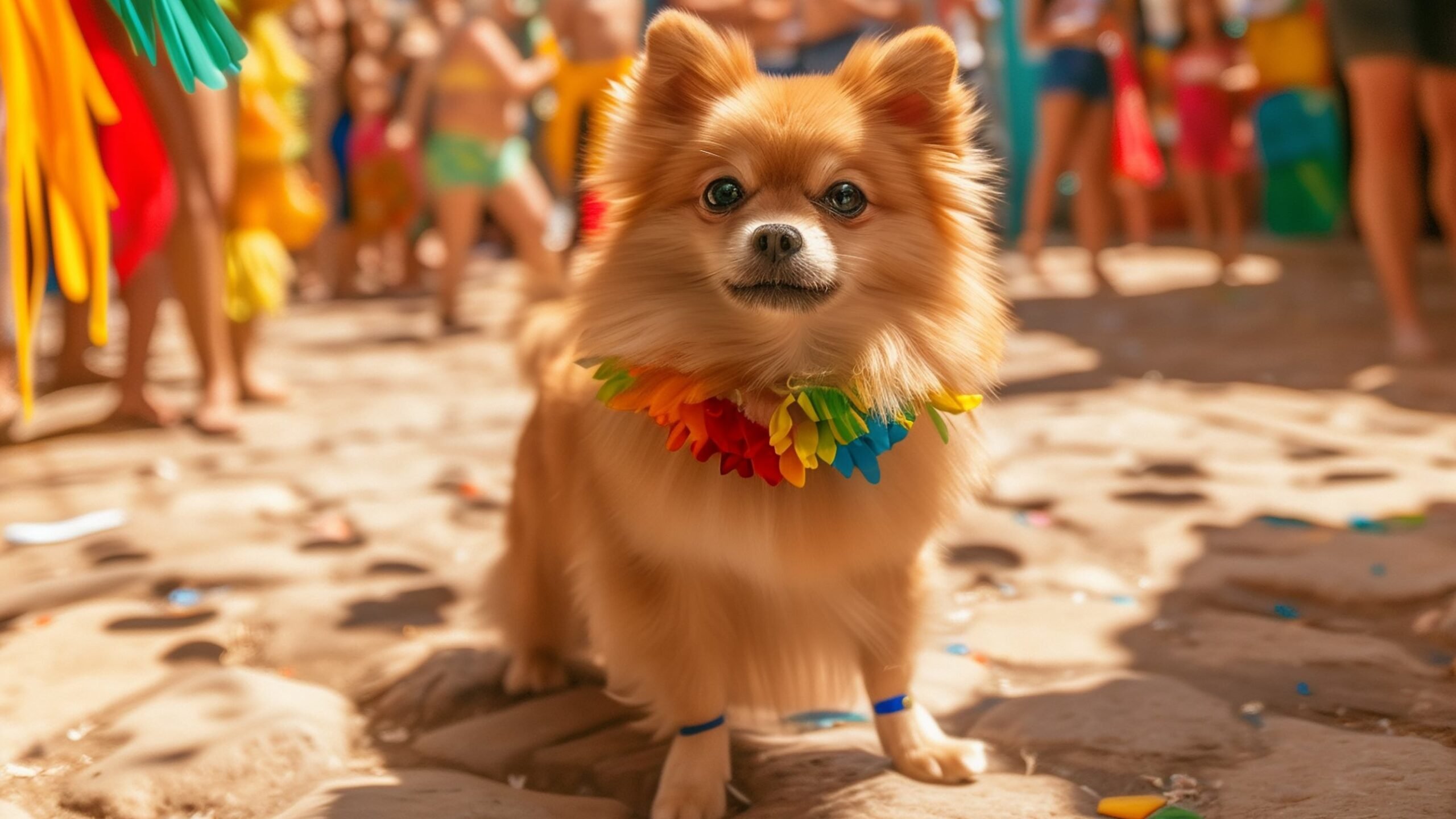 Cãozinho da raça lulu-da-pomerânia fantasiado para o Carnaval